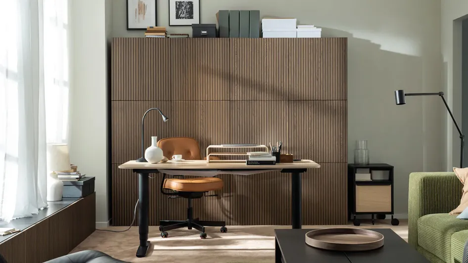 A coordinated, brown-wood dream of a home workspace