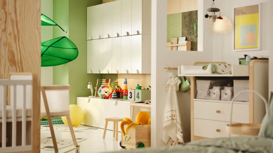 A large nature-inspired kids room with lots of storage