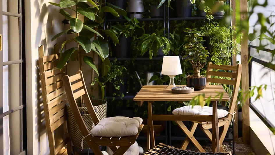 A small balcony with plants and purposeful calm